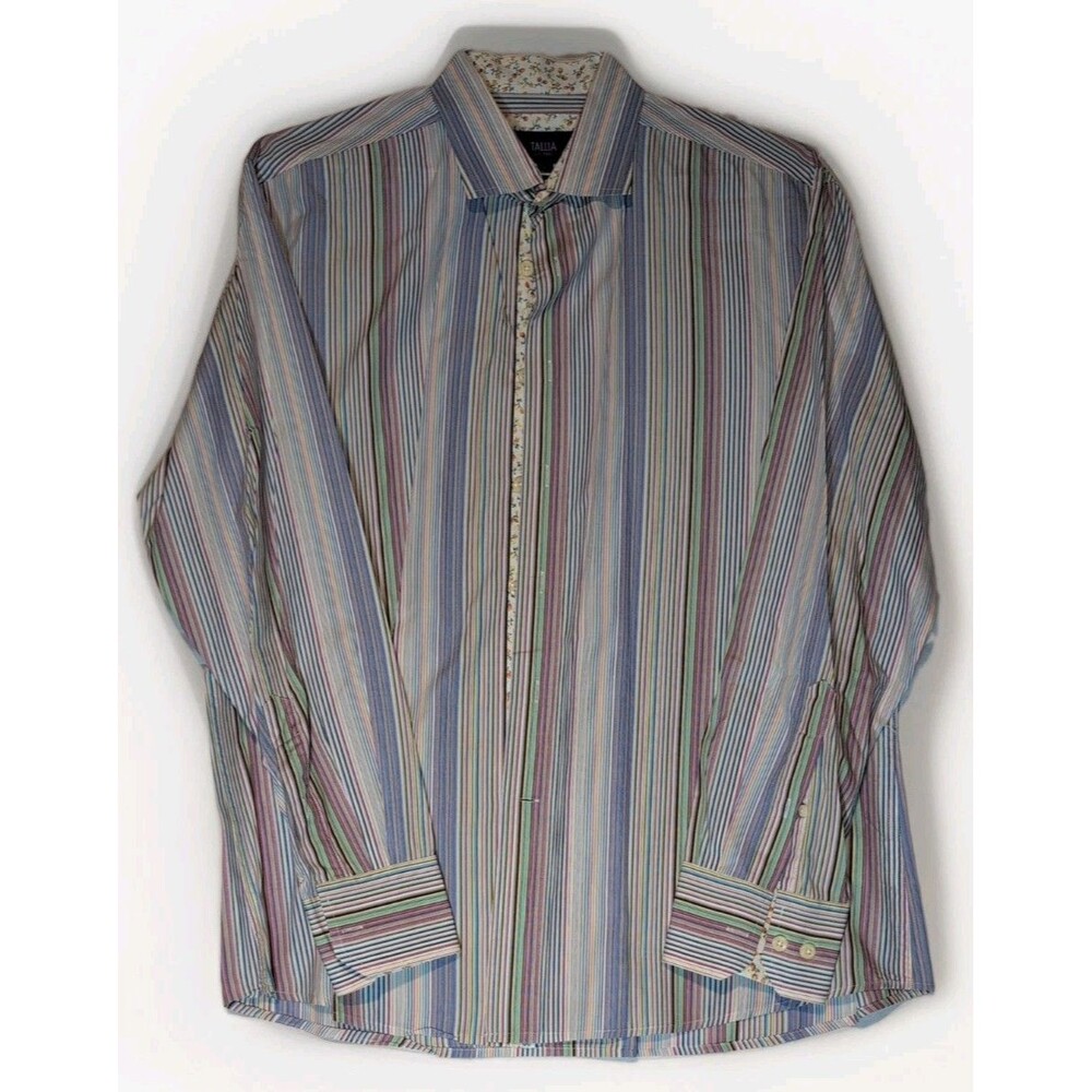 TALLIA L - Shirt Blue Rose Purple Stripe- Button-Down Floral Cuffs and Collar